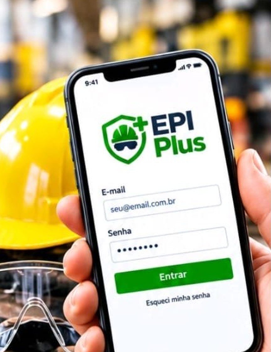 Celular com a tela de login do EPI Plus, ao lado de um capacete e óculos de proteção